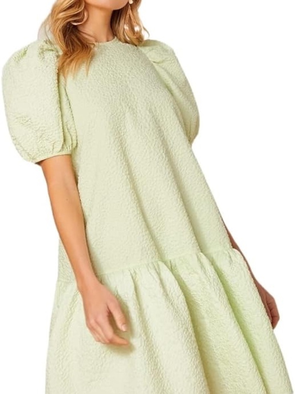 Pale Green Puff-Sleeve Textured Midi Dress